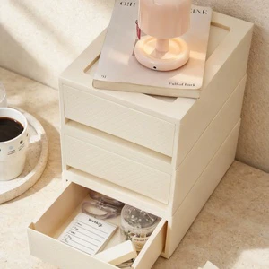 MONR Stackable Plastic Drawer Organizer With Faux Leather Texture Design Desktop Makeup Jewelry Storage Box Drawer Cabinet