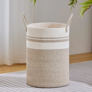Hot Sale Cotton Rope Cylindrical High Woven Folding Laundry Basket for Blanket and Stationery Storage