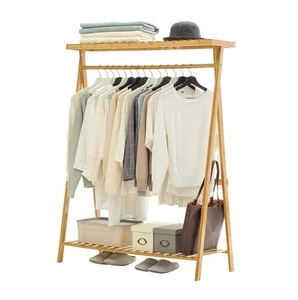 Coat Rack Bamboo Garment Coat Clothes Hanging Heavy Duty Rack with Top Shelf and 1-Tier Shoe Clothing Storage Organizer Shelves.