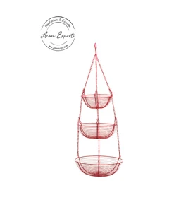 Customized 3-Tier Powder Coated Red Iron Wire Hanging Basket Eco-Friendly Metal Design for Fruits and Vegetables