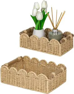Modern Black Woven Storage Basket Organizer Waterproof Rectangle Wicker Basket 2-Piece Set