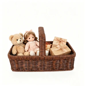 Brown Square PP Rattan Hand Basket With Soft Basket Handle Woven Basket For Doll Storage Snack Organizer & Gift Packaging