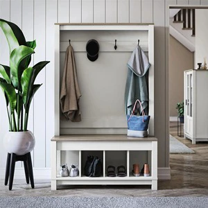 Free Standing White Wooden Coat Rack Family Coat Rack and Hall Sets with Storage Bench Multi-Purpose Home Organizer