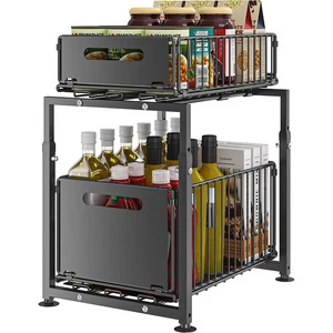 Adjustable Under Sink Storage Rack Pull Out Cabinet Organizer Shelf for Cleaning Supplies Spices and Kitchen Utensils
