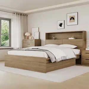 Modern Minimalist Platform Bed Frame with Under-Bed Storage Drawers, Solid Wood and MDF Bedroom Furniture for Home Storage