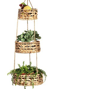 3-Tier Woven Water Hyacinth Eco-Friendly Foldable Hanging Storage Basket with Handle Customizable Size Multi-Use for Plants Food