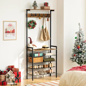 HOOBRO Modern Wall Coat Stand with Bench Wooden Metal Hall Tree Rack for Shoes & Coats in Living Room Home Furniture