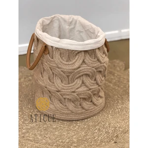 12 X 14 Inch Handwoven Jute Rope Braided Storage Basket with Lining and Leather Handles Multipurpose Organizer