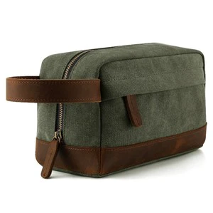 Wholesale Adult Mens Green Canvas Cosmetic Toiletry Bag Custom Washed Canvas Travel Toilet Bag for Men