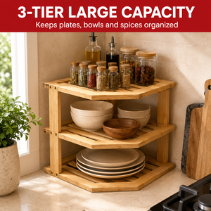 Bamboo Lacquered 3 Tier Modular Corner Shelf Kitchen Countertop Organizer Rack-Spice Dish Storage Holder Pantry Cupboard Decor