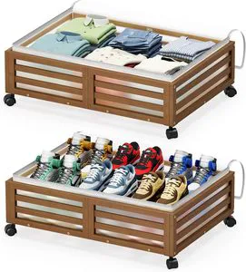 Under Bed Storage Containers With Wheels - 2 Pcs Bamboo Wood Rolling Underbed Shoe Storage Bins With Dust Bags