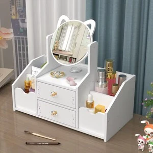 SQ3 Item Multifunctional Modern Luxury White Round Mirror Nordic Cosmetic Storage Box Makeup Organizer with Cat Ears with Mirror
