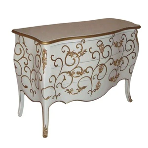 Luxury Solid Wood Chest of Drawers in Antique French Style White Painted Decorated with Gold Color of Hand Painting for Bedroom