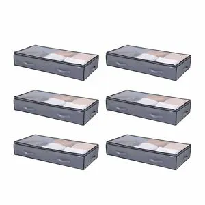 Stackable Under Bed Storage Boxes 90L Clear Lid Fabric Organizer for Shoes & Clothes, Rectangular Design, 6-Pack, Durable Home O