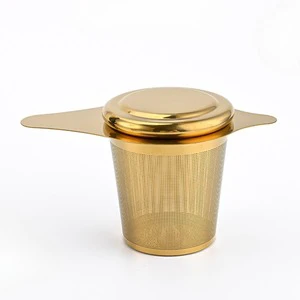 Double Handles Gold 304 Stainless Steel Tea Basket Strainer With Lid
