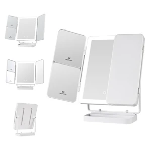 Tri-fold LED Makeup Mirror 1X 3X 5X Magnification Storage Box Base Adjustable Angle Type-C Rechargeable Vanity Mirror