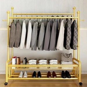 Modern Metal Drying Rack Double Pole Coat Hat Hanging Storage Rack Multi-Layer Cloth Shoes Organizer for Living Room Hotel Mall