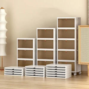 Modern Magnetic Drop Front Foldable Shoe Storage Box Free Assembly Plastic Shoe Organizer Cabinet with Wheels