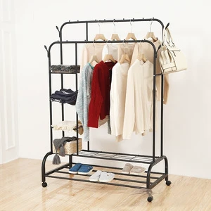 Metal Double Pole Cloth Coat Rack Organizer Clothes Drying Rack Bedroom Rod Metal Garment Hangers Wardrobe with Wheel