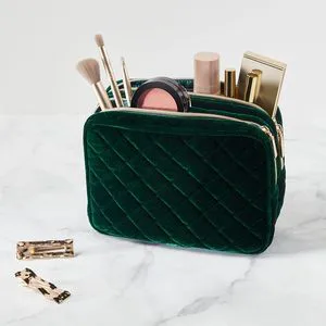 Factory Custom Velvet Makeup Bag Double Layer Zip Quilt Storage Bag Cosmetic Pouch Organizer Case Travel Toiletries Bag