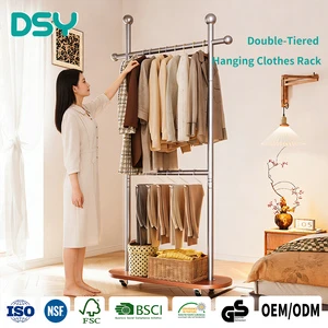 Light Luxury Modern Two Layer Wood Coat Rack Living Room Bedroom Clothes Hanger Simple Mobile Floor Storage Rack