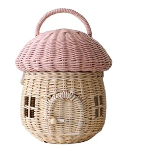 Wholesale Nordic Ins Style Mushroom Shaped Rattan Woven Sustainable Kitchen Storage Basket Lid Handmade Nursery Decor Kids Toy