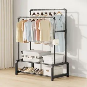 110 Modern Double Rod Metal Cloth Rack Plastic Bottom Rust-proof Coat Stand Living Room Clothes Storage Double Layer Shelvs