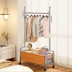 Cedar space Single-Rod Stainless Steel Coat Rack Rust-Proof Movable Clothes Rack Leather Basket for Bedroom Living Room Made Durable Metal