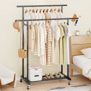 Source Manufacture Thickened Double-Rod Metal Clothes Rack Rolling for Hanging Clothes Sturdy Coat Rack for Bedroom Living Room