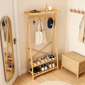 Bamboo Garment Coat Clothes Hanging Heavy Duty Rack With Top Shelf and 2-Tier Shoe Clothing Storage Organizer Shelves