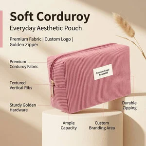 Wholesale Custom Logo Pink Corduroy Makeup Bag Portable Travel Cosmetic Pouch Toiletry Organizer Case With Gold Zipper