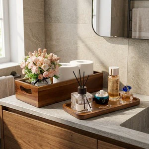 CF Wholesale 2 Piece Acacia Wood Bathroom Storage Set Rectangular Toilet Tank Organizer Bin Slim Vanity Tray For Home Decor