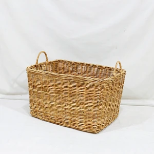 Rattan Storage Basket Deep Rectangle Woven Laundry Storage Bin with Tall Carrying Handles