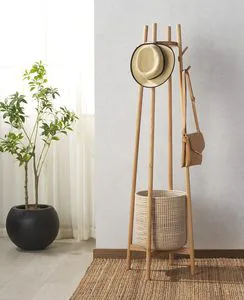 JY Couture Collection Abellina Natural Solid Wood Coat Rack with Cotton Storage Basket