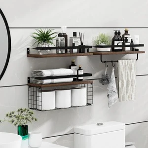 Wooden Wall-mounted Floating Shelf with Storage Basket and Towel Bar Kitchen Bedroom Bathroom Rack with Metal Frame