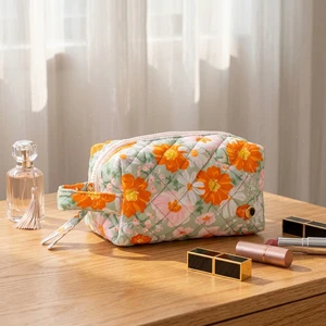 Custom Printed Floral Large Zipper Fashion Cotton Makeup Bag Beauty Sage Essentials Quilted Cosmetic Storage Pouch