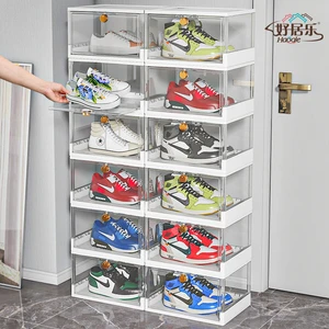 Haogle Space Saving Foldable Shoe Sneaker Container Box Clear Plastic Stackable Shoe Organizer Folding Shoe Display
