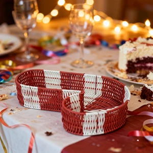 Red White Square Bottom Christmas Candy Storage Basket PP Plastic Home Decoration with Rope Bamboo Frame Accessory Household Use