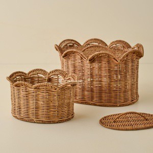Wholesale Set of Multiple Sizes, Scalloped Rattan Basket Set, Natural Handwoven Storage Baskets From Vietnam