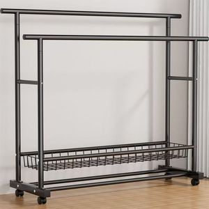 Modern Double Row Iron Coat Rack for Bedroom Living Room Hotel & Bathroom Use-Heavy Duty Freestanding Durable Clothing Organizer