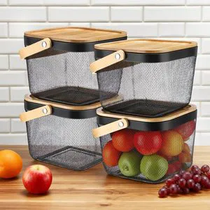Metal Wire Mesh Fruit Basket with Lid and Handles Fly-proof Fresh Vegetable Storage Bins Stackable for Gathering Kitchen