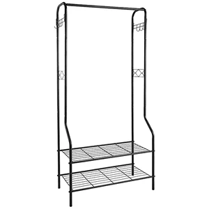 Black Metal Double-Tiered Clothes Rail Coat Garment Rack with Standing Shoe Stand and Storage Shelf for Home Organization