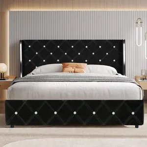 Light Luxury Diamond Headboard Wingback Black Velvet Double Bed Upholstered Queen Size Bed Frames with Under Bed Storage