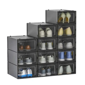 Space Saving Foldable Shoe Sneaker Container Bin Holder Clear Plastic Stackable Shoe Organizer Large 6 Pack Shoe Storage Box