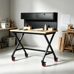 Custom Solid Wood Workshop Table, Portable Garage Workbench, Repair Station W/ Overhead Cabinets Free Design Available