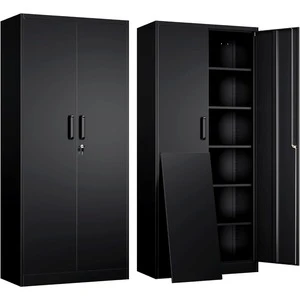 Steel Garage Storage Cabinet 2 Doors 5 Adjustable Shelves Lockable Filing Cabinet with Tool Storage