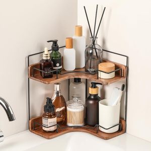 CF High-Quality Waterproof 2-Tier Wooden 90° Right Angle Kitchen Bathroom Corner Shelf Vanity Makeup Counter Organizer Storage
