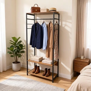 Modern Freestanding Coat Rack with 2-Tier Wooden Shelves Open Wardrobe Organizer Hanging & Storage for Bedroom Entryway