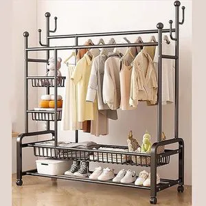 Industrial 4 Tier Stainless Steel Heavy Duty Coat Rack Shelves Hooks Freestanding Clothes Organizer for Entryway Wardrobe Closet
