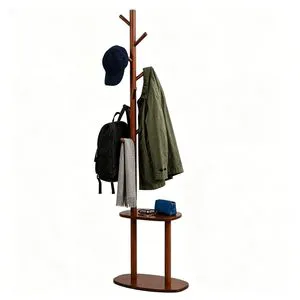 Freestanding 8-Hook Wooden Coat Rack with 2 Storage Shelves Rubber Wood Hall Tree Organizer for Entryway or Bedroom